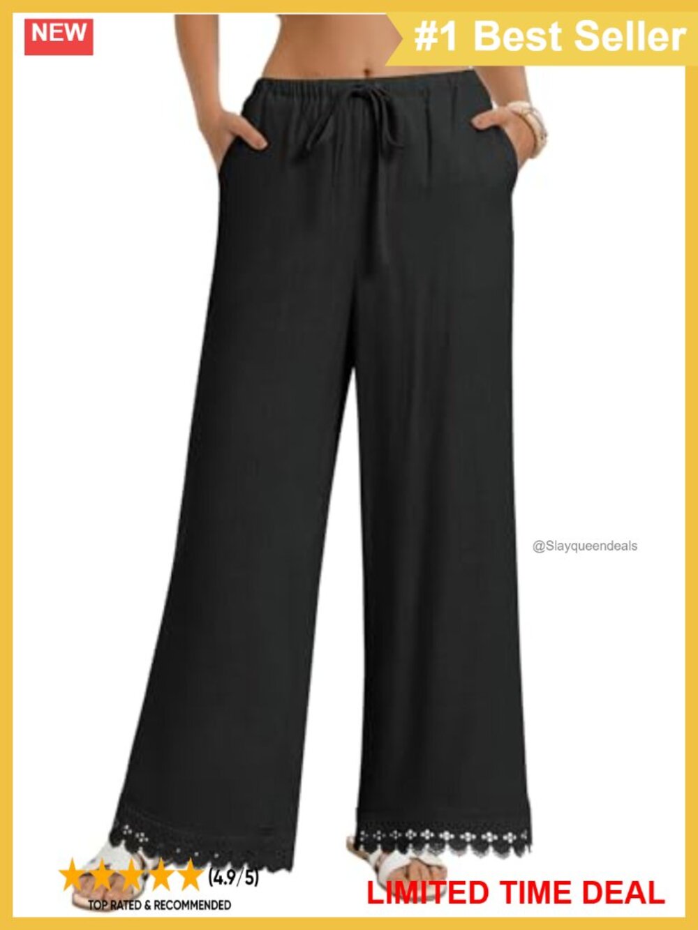 Linen Wide Leg Palazzo Pants High Waist Lace Hem Drawstring Beach